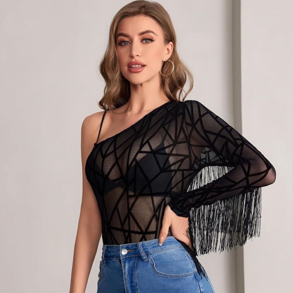 Black One-Shoulder Fringe Bodysuit